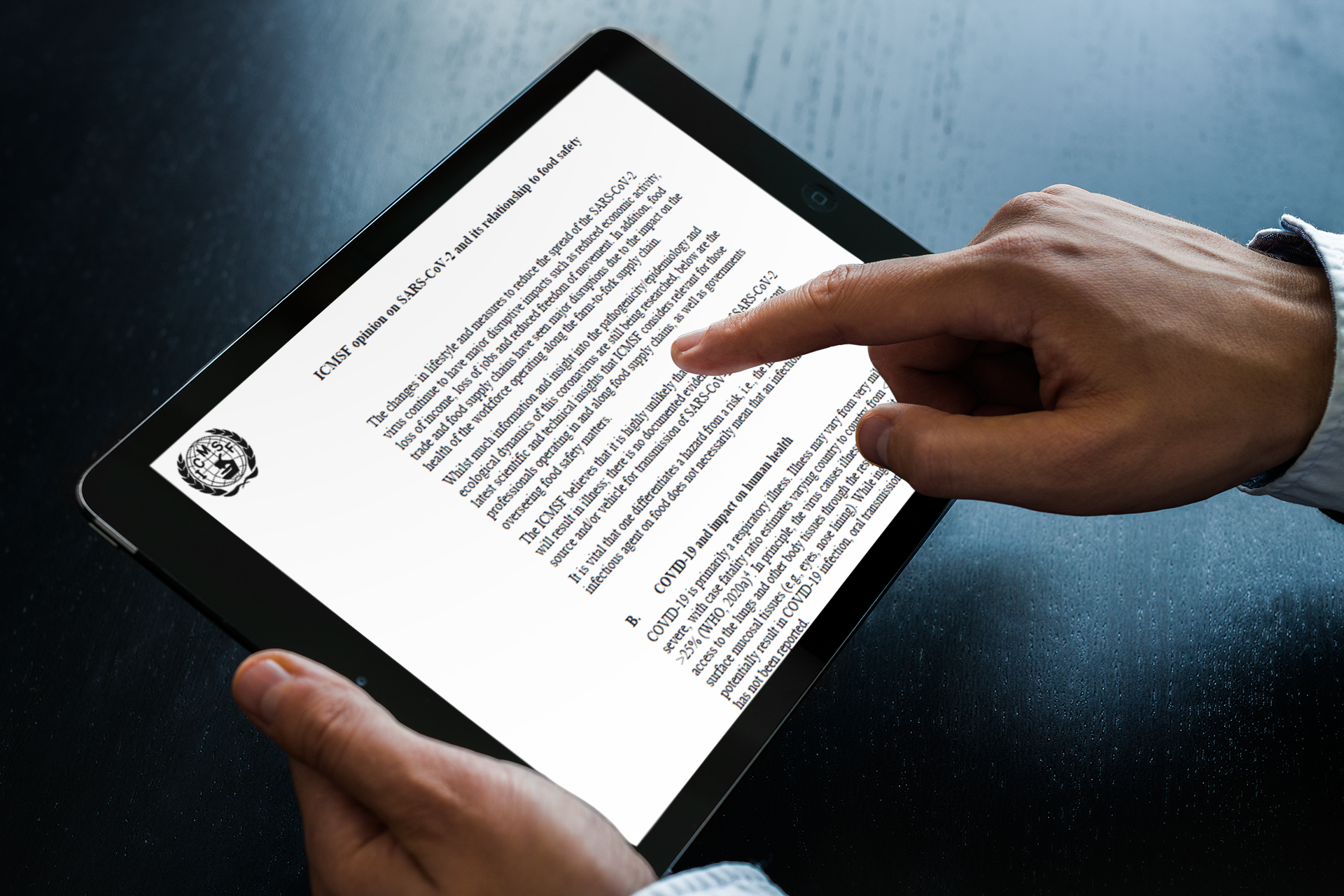Inset image of ipad with ICMSF paper