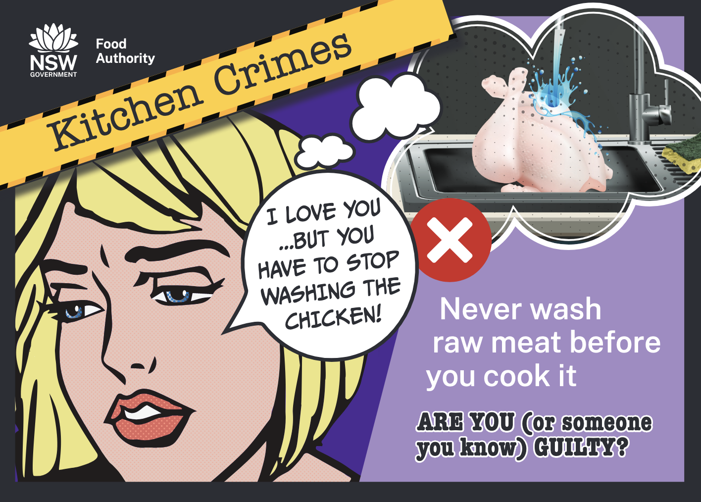 Kitchen Crimes postcard. Never wash raw meat before you cook it
