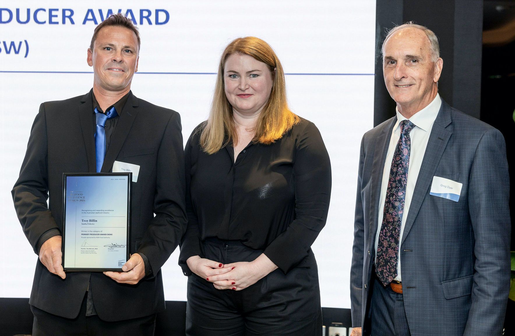 Primary Producer Award (NSW) winner Troy Billin of Yamba Fisheries with Hon. Tara Moriarty Minister for Agriculture and Grey Dyer CEO of Sydney Fish Market